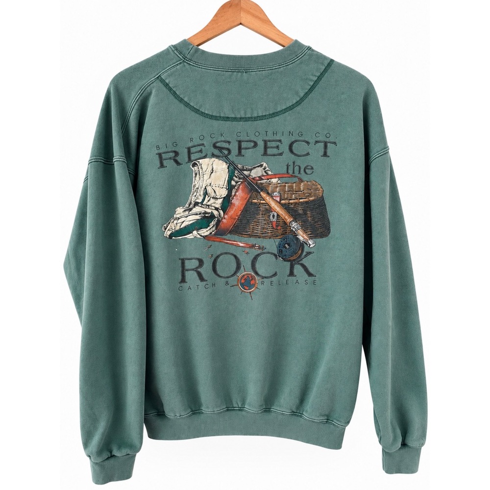 Vintage Sz L Big Rock Green Pullover Sweatshirt Fishing Outdoors Made in USA 90s